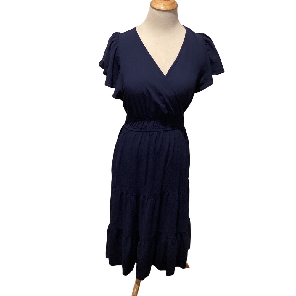 Knox Rose Navy Blue Smocked Waist Tiered Midi Dress Womens Small Flutter‎ Sleeve